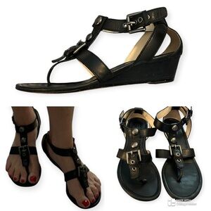 Coach Viktoria Black Leather Wedge Sandals